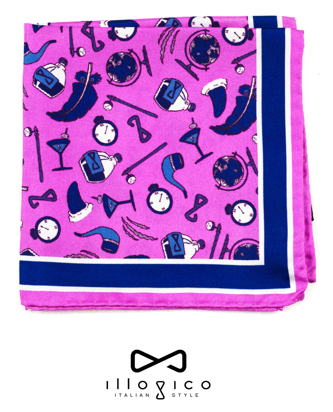 Pink Pure Silk Pocket Square in Blue Pattern