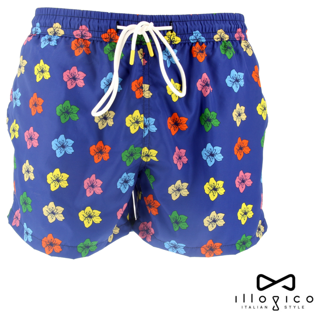 Blue Swim Short in in cherry blossoms Pattern