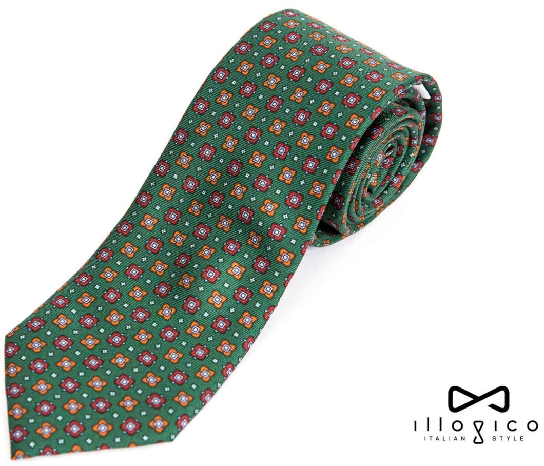 Green Pure Silk Tie in Orange And Red Squares Pattern