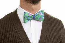 Load image into Gallery viewer, Silk &amp; Cotton Jeans Blue Double Face Self Tied Bow Tie Green Illogico Pattern
