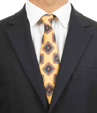 Load image into Gallery viewer, Yellow Pure Silk Unlined Tie Red Geometric Pattern
