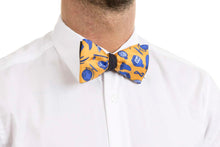 Load image into Gallery viewer, Silk &amp; Cashmere Blue Double Face Self Tied Bow Tie Yellow &amp; Blue Illogico Pattern
