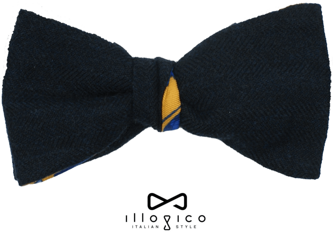 Silk & Cashmere Blue Double Face Self Tied Bow Tie Yellow & Blue Illogico Pattern