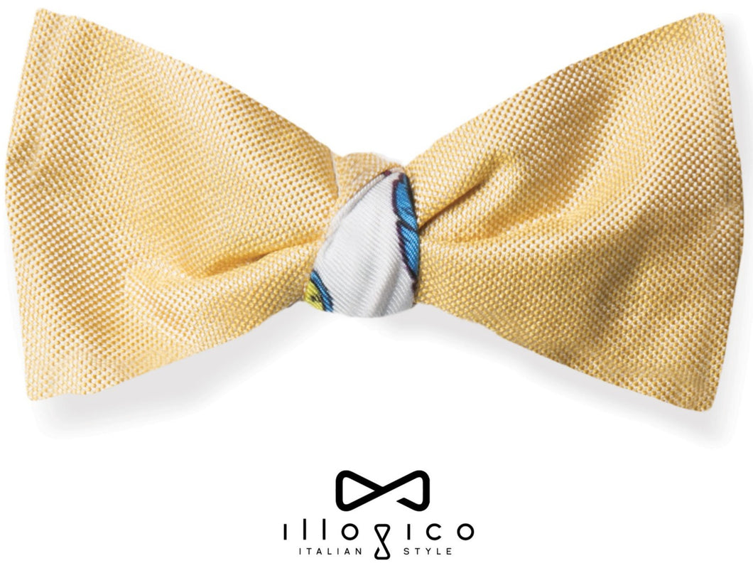 Pure Silk Yellow Double Face Self Tied Bow Tie White Fluo Illogico Pattern