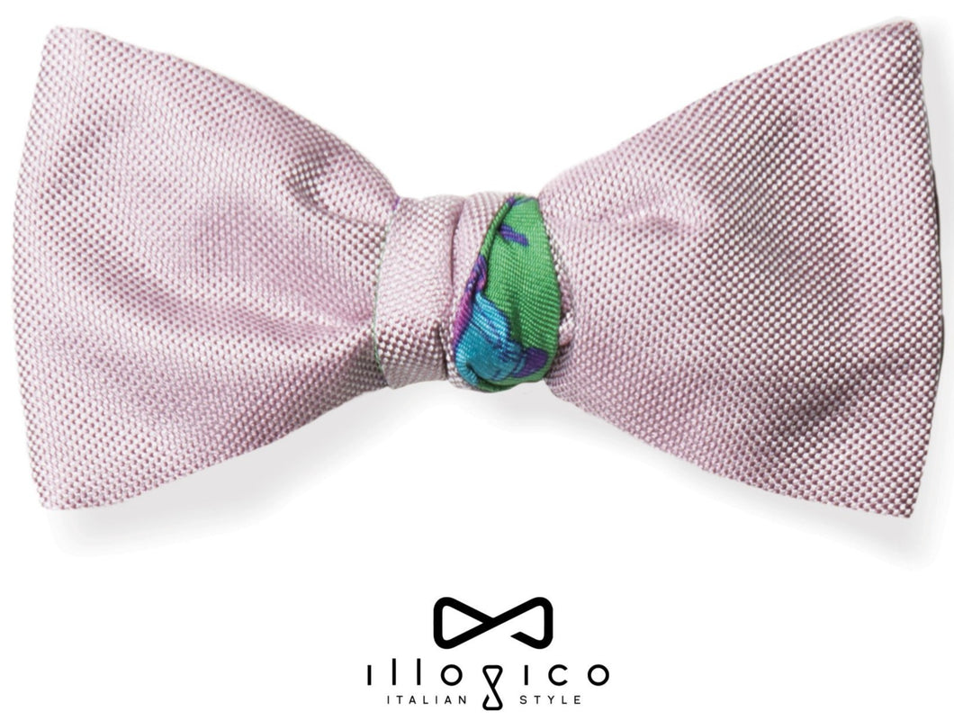 Pure Silk Pink Double Face Self Tied Bow Tie Green Illogico Pattern