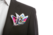 Load image into Gallery viewer, White Pure Silk Pocket Square in Fluo Illogico Pattern
