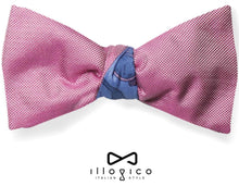 Load image into Gallery viewer, Pure Silk Pink Double Face Self Tied Bow Tie Blue Illogico Pattern

