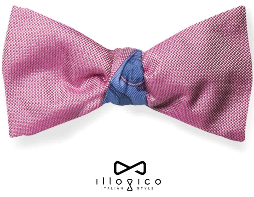 Pure Silk Pink Double Face Self Tied Bow Tie Blue Illogico Pattern