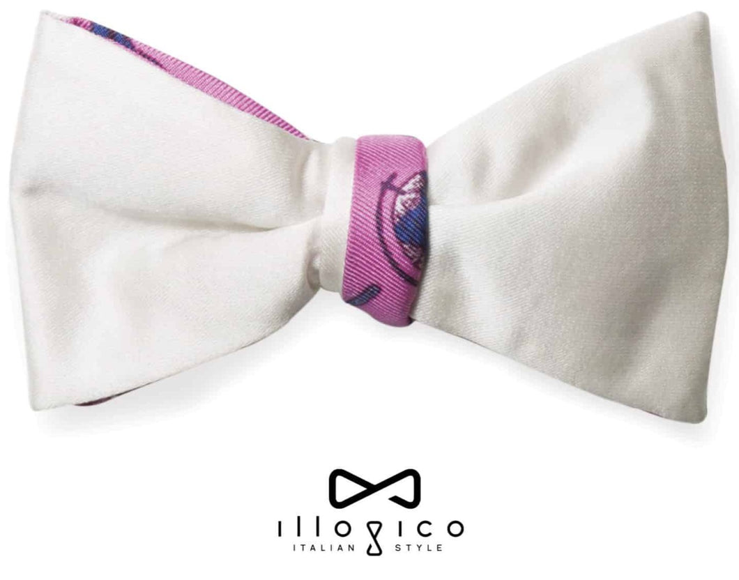 Pure Silk White Double Face Self Tied Bow Tie Pink & Blue Illogico Pattern