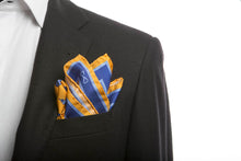 Load image into Gallery viewer, Yellow Pure Silk Pocket Square in Blue Illogico Pattern
