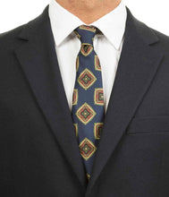 Load image into Gallery viewer, Blue Pure Silk Unlined Tie Green Geometric Pattern
